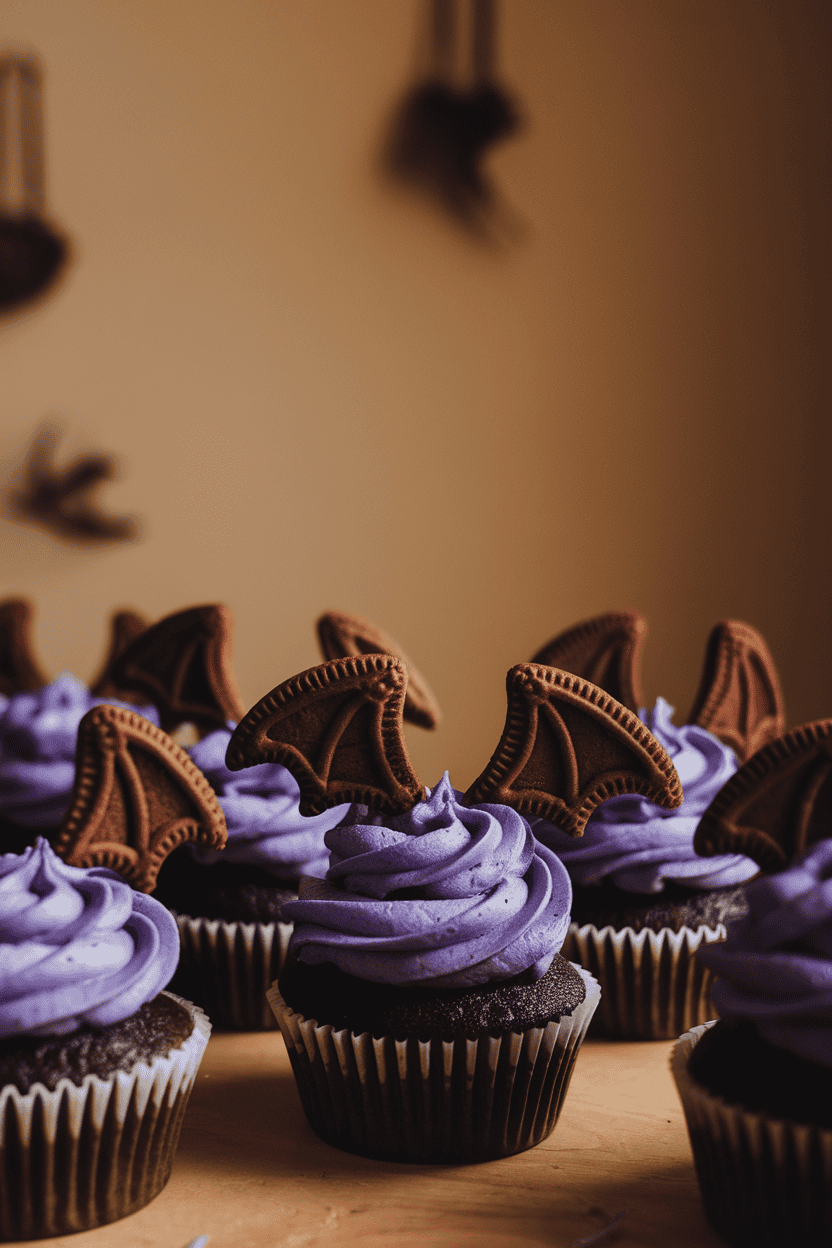 Warmly lit indoor image of dark cocoa cupcakes with purple frosting and two chocolate cookie bat wings inserted at angles; no text or logos