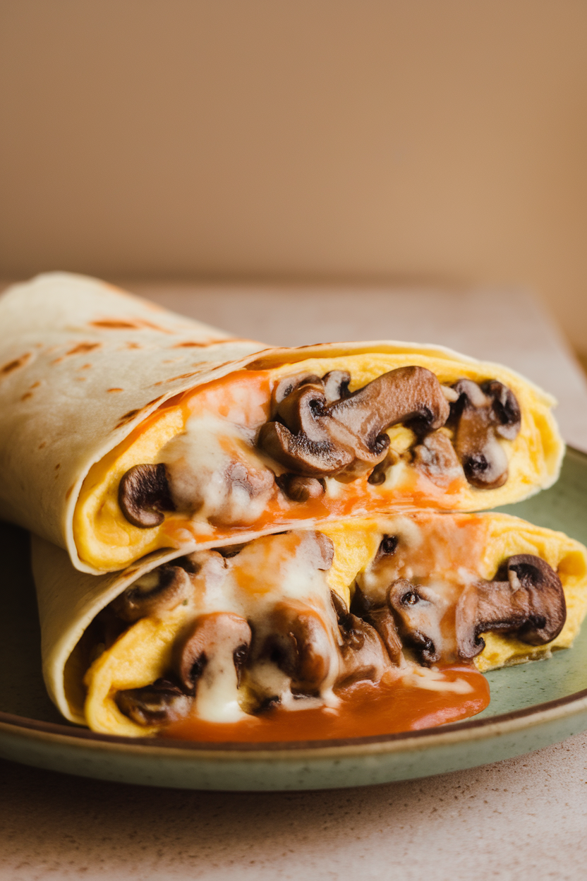 Indoor image of a sliced omelet wrap filled with sautéed mushrooms and melted Swiss cheese, wrapped in a flour tortilla. No text or logos.