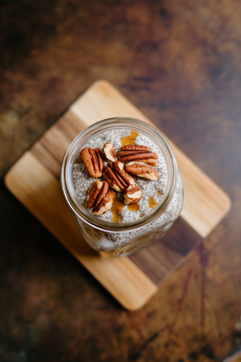 A mason jar on an indoor countertop layered with chia oats, chopped pecans, and a drizzle of maple syrup, photographed from above. No text or logos anywhere.