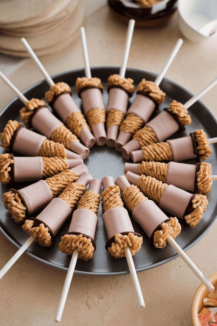 Cylinder-shaped cake pops with strands of shredded wheat cereal at one end and a black licorice “handle” at the other, photographed indoors; no logos or text. Photo.