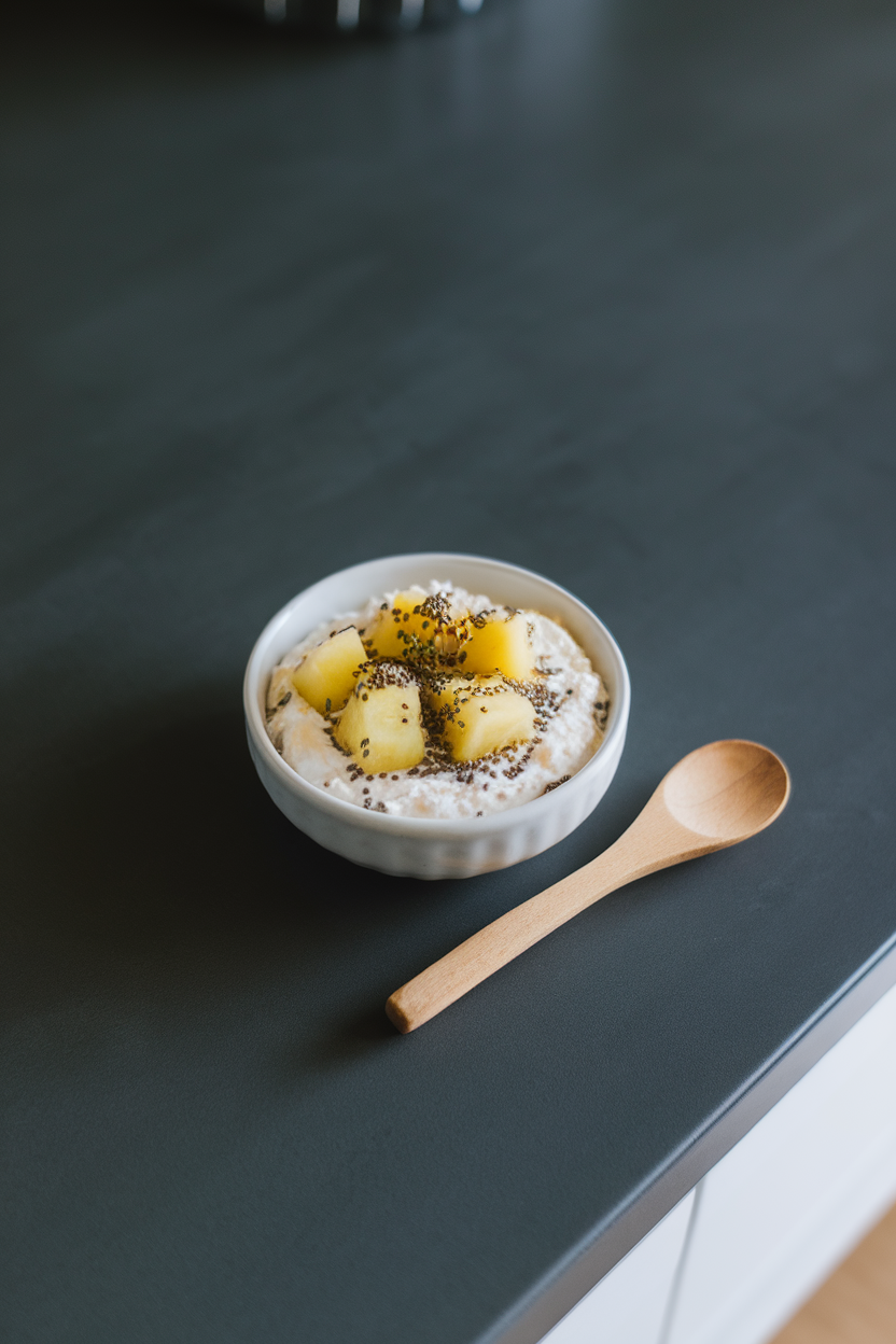Indoor countertop with a small bowl of cottage cheese topped with pineapple chunks and chia seeds. No text or logos in view.