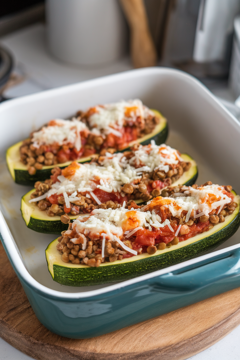 An indoor baking dish showing hollowed zucchini halves filled with turkey, lentil, and tomato mixture, cheese lightly browned. No text or logos; photo only.