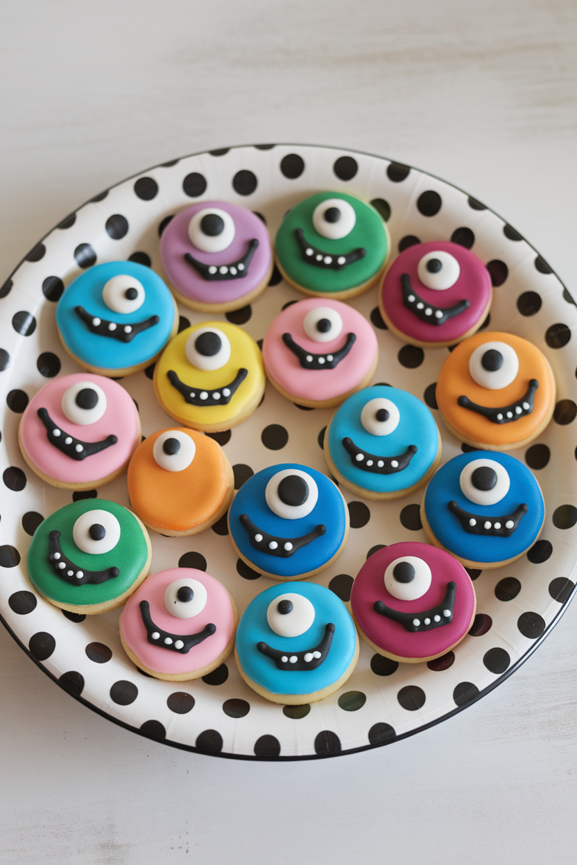 Indoor photo of assorted mini round cookies each iced a different color with goofy monster eyes and smiles, on a polka-dot plate, no text or logos.