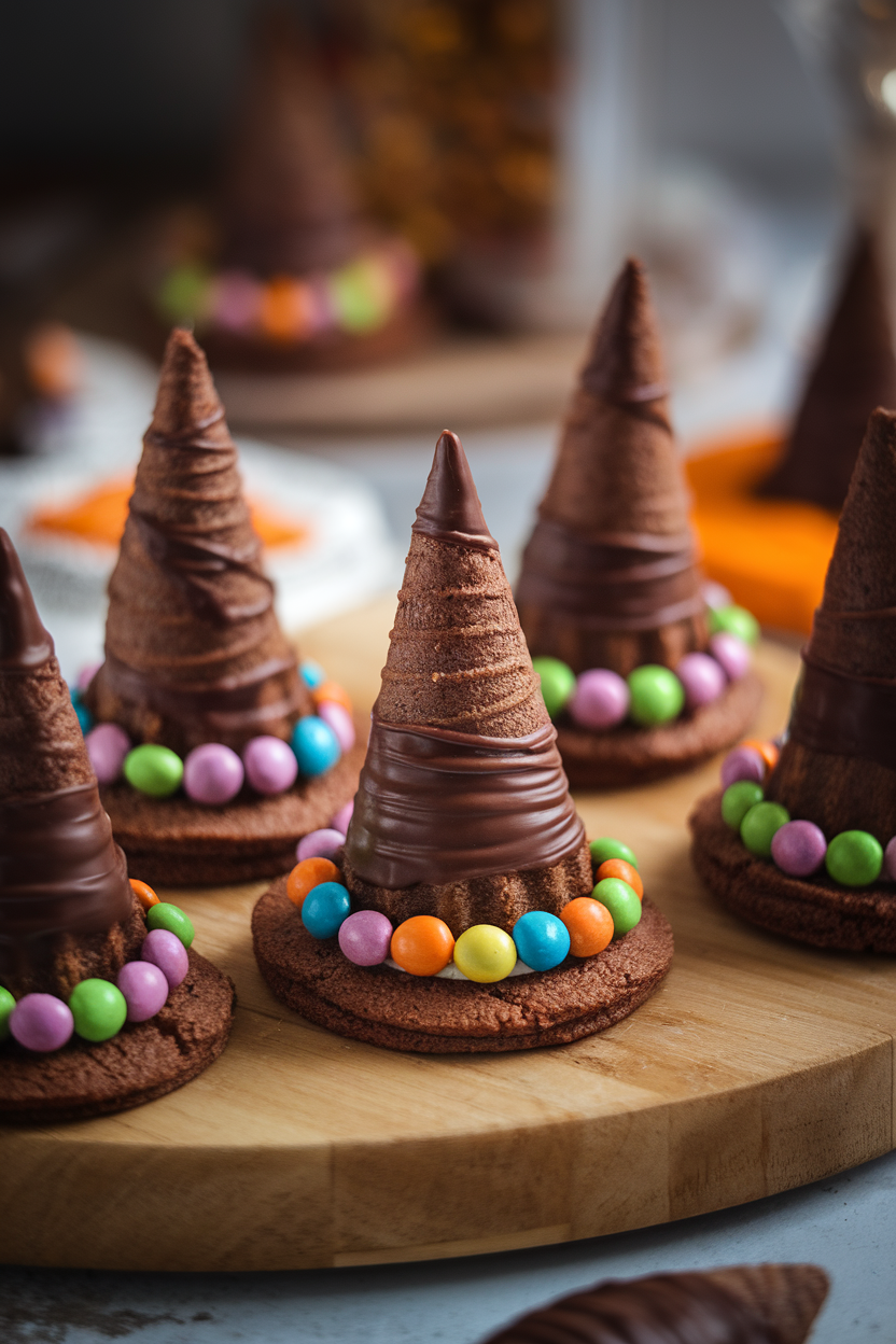 Photo of chocolate-dipped sugar cones set upside-down on round cookies to form witch hats, decorated with candy belts, indoor setting, no text or logos.