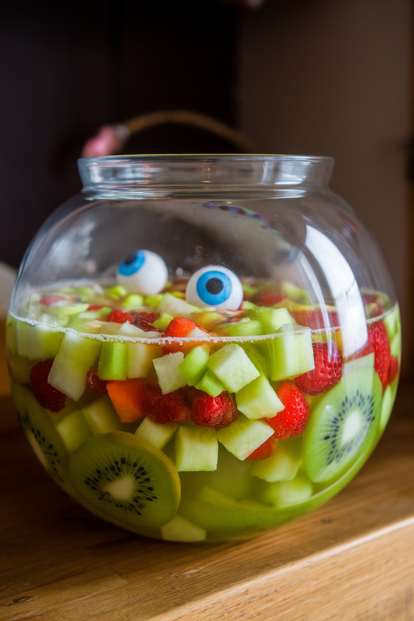 A clear punch bowl indoors with mixed diced fruit in neon green kiwi juice, plastic eyeballs floating for decoration. No text or logos.