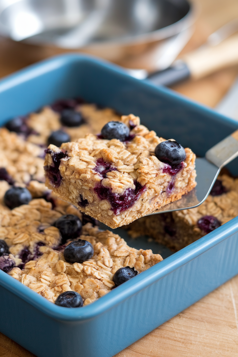 Indoor baking dish of hearty oatmeal squares studded with blueberries, one square lifted out on a spatula. No text or logos.