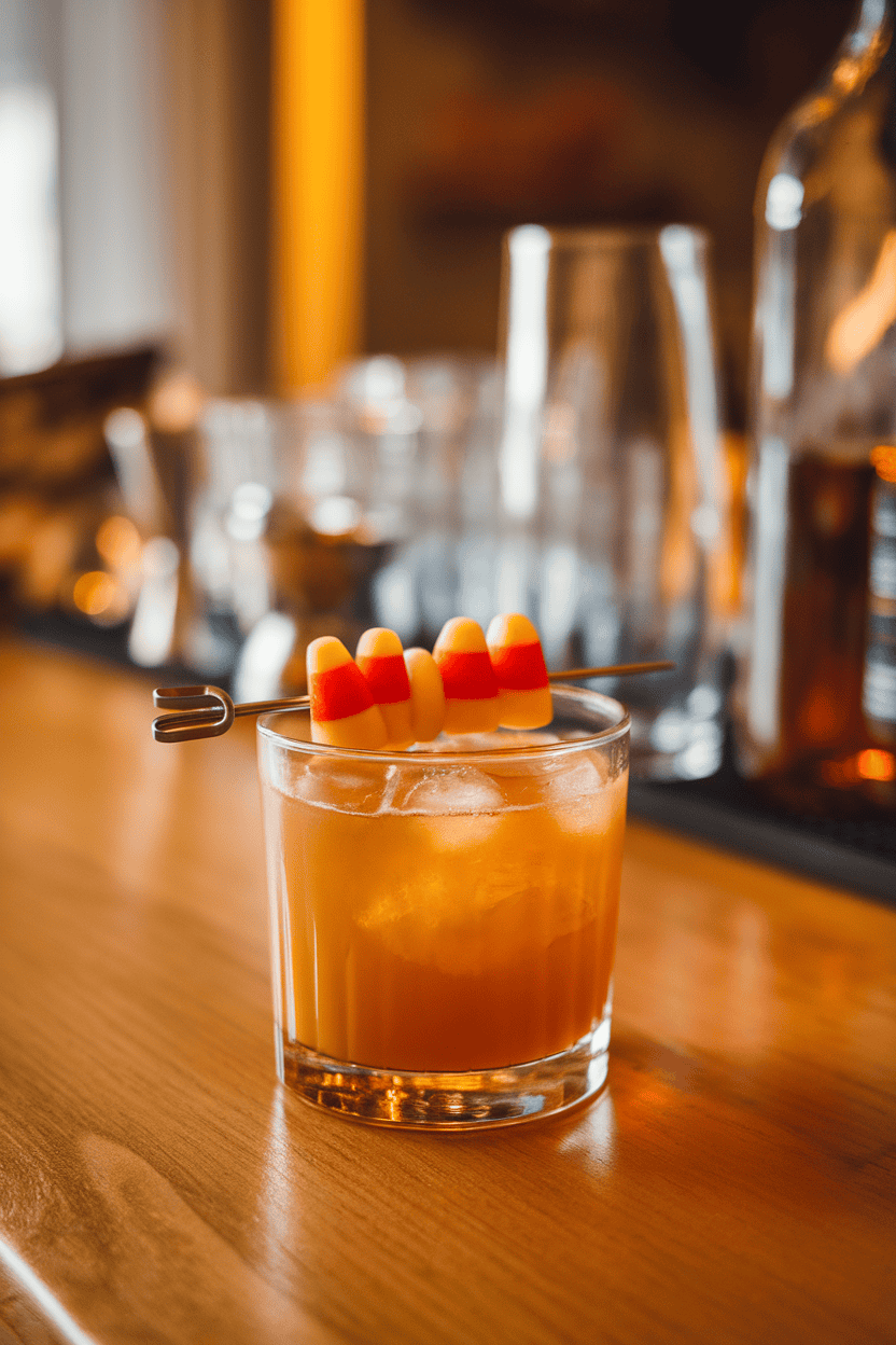 Indoor wooden bar top displaying a rocks glass of golden bourbon cocktail with three candy corn pieces skewered as garnish; warm lighting, no text or logos.