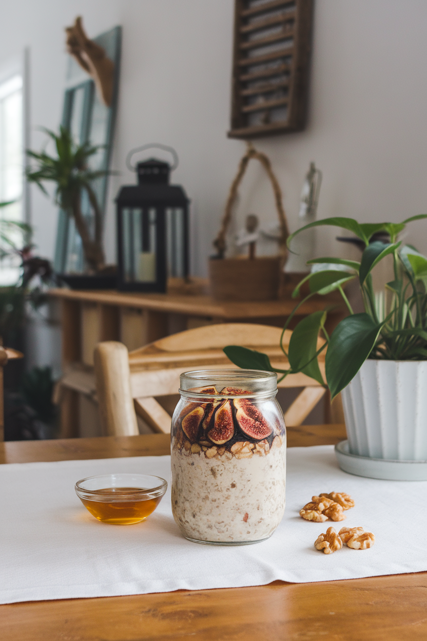 A cozy indoor breakfast nook showing a glass jar of overnight oats layered with chopped dried figs and walnut pieces; no text or branding visible.