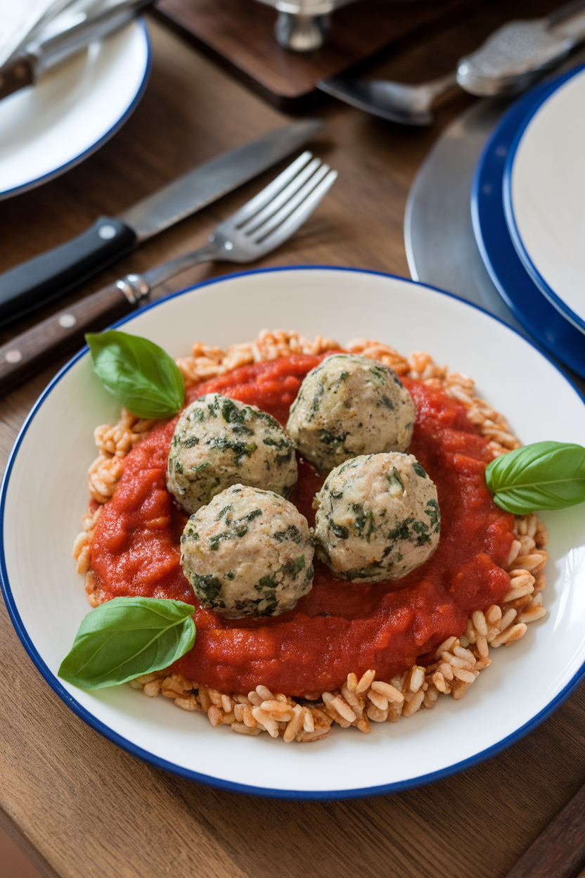 An indoor dinner setting with a plate of turkey spinach meatballs over a bed of cooked farro and marinara sauce. No logos or text; photo only.