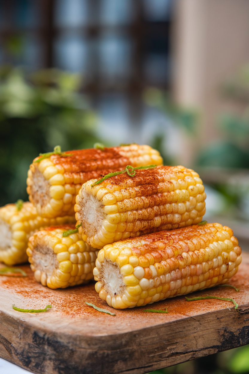 Corn “rib” quarters roasted and dusted with chili powder and lime zest, stacked on an indoor board; no text or logos. Photo only.