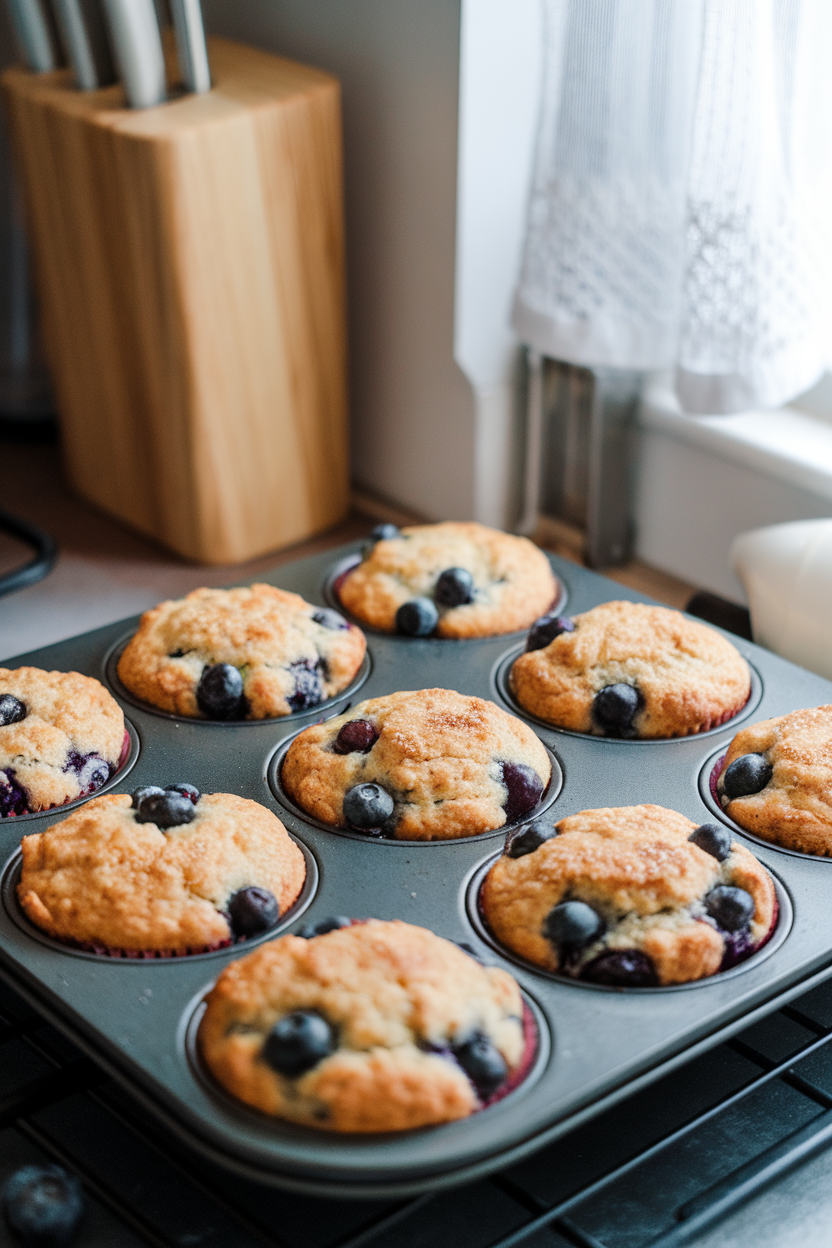 Indoor photo of blueberry oat muffins cooling in a tin on a kitchen counter; no text or logos