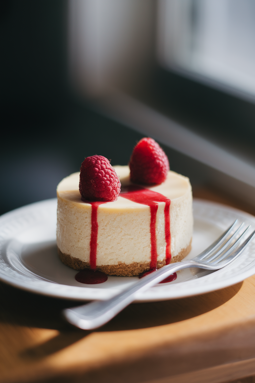 Photo of a small New York cheesecake with two raspberry sauce “bite” punctures dripping down the side, indoor lighting, no logos or text.