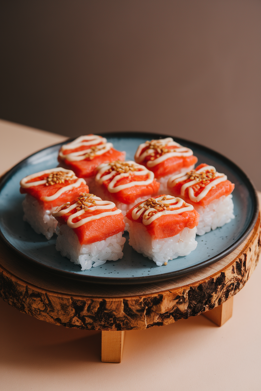 Cooked crab sushi squares topped with thin sriracha mayo spiderwebs, garnished with sesame seeds, indoors. Photo, no text or logos.