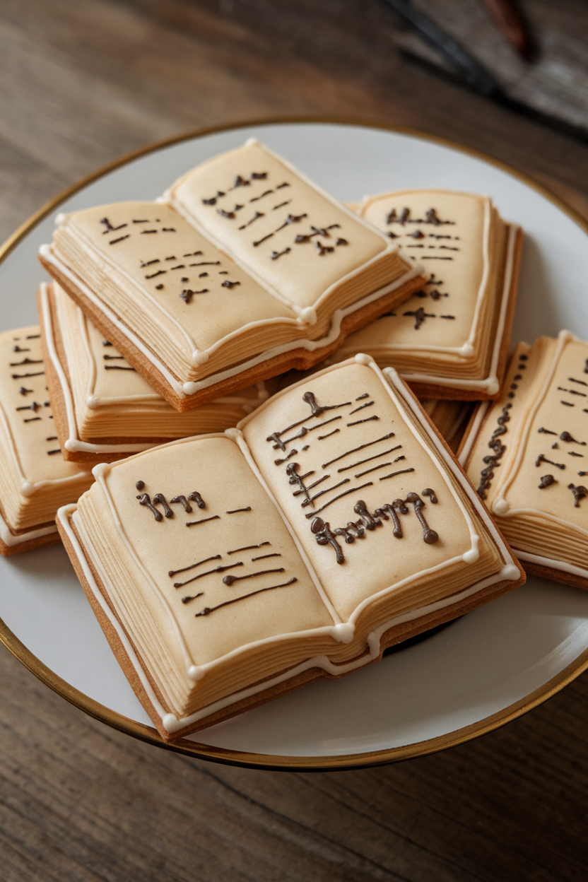 Indoor photo of open-book-shaped cookies decorated with aged parchment icing and tiny mystical symbols, no text or logos.