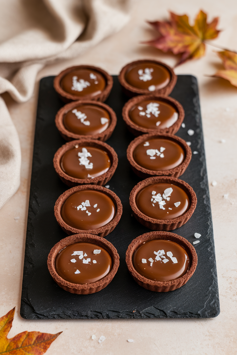 A black slate indoor tray lined with mini chocolate tart shells filled with glossy caramel and sprinkled with flaky salt. Photo only, no text or logos.