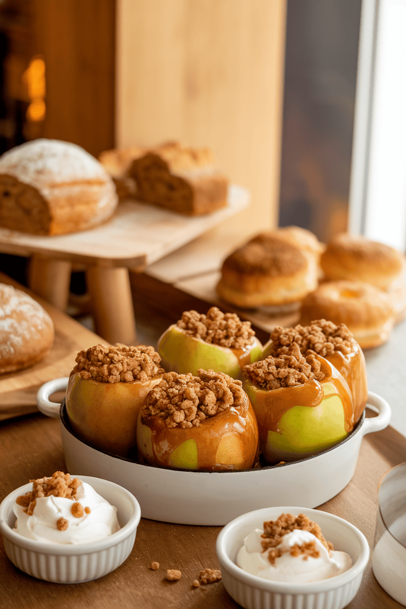 A bakery-style indoor setting with a small casserole of whole baked apples stuffed with cinnamon-oat crumble, caramelized edges visible. Photo only, no text or logos.