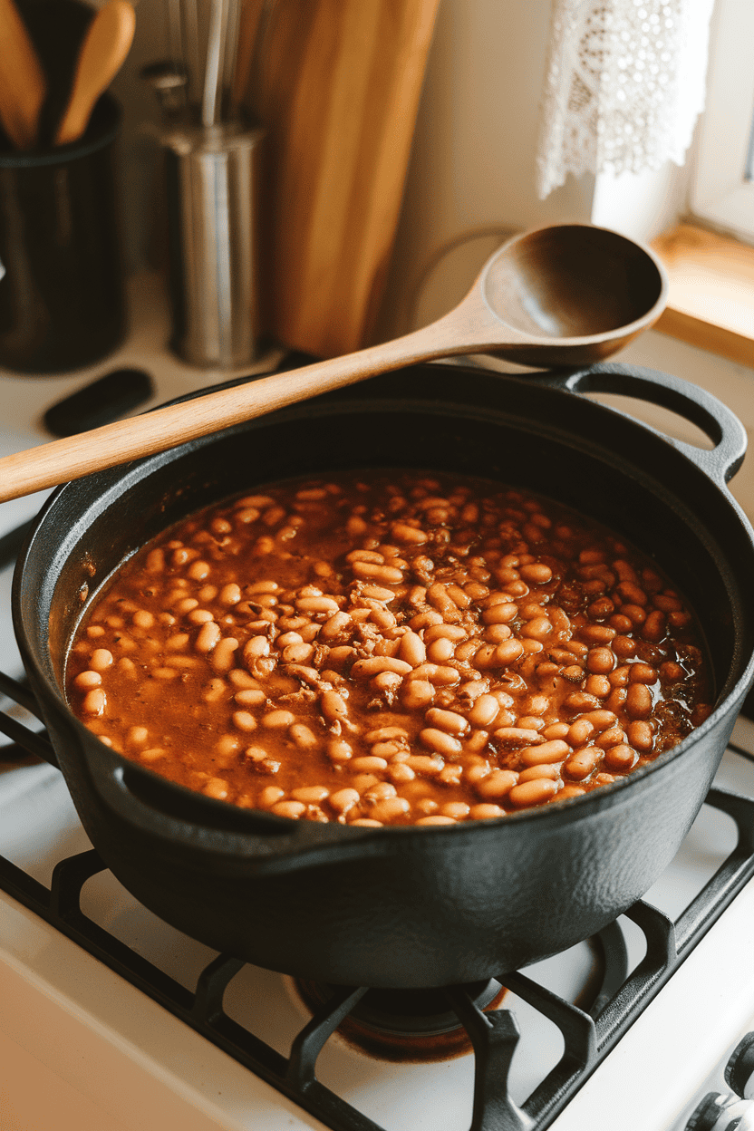 An indoor stovetop scene showing a cast-iron pot of bubbling baked beans in a rich brown sauce, a wooden ladle resting on the rim. No text or logos visible; photo only.