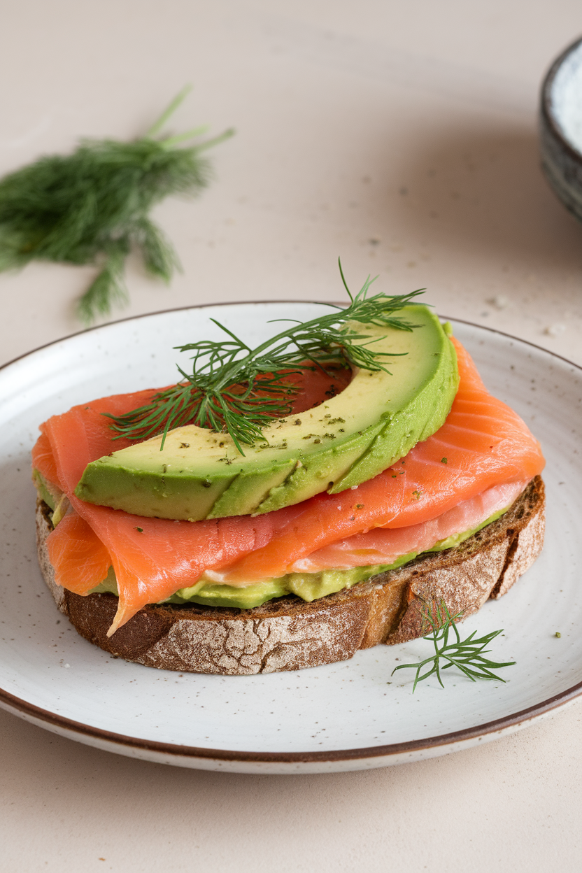 Indoor photo of an open-faced sandwich with smoked salmon, avocado, and dill on rye bread; no text or logos