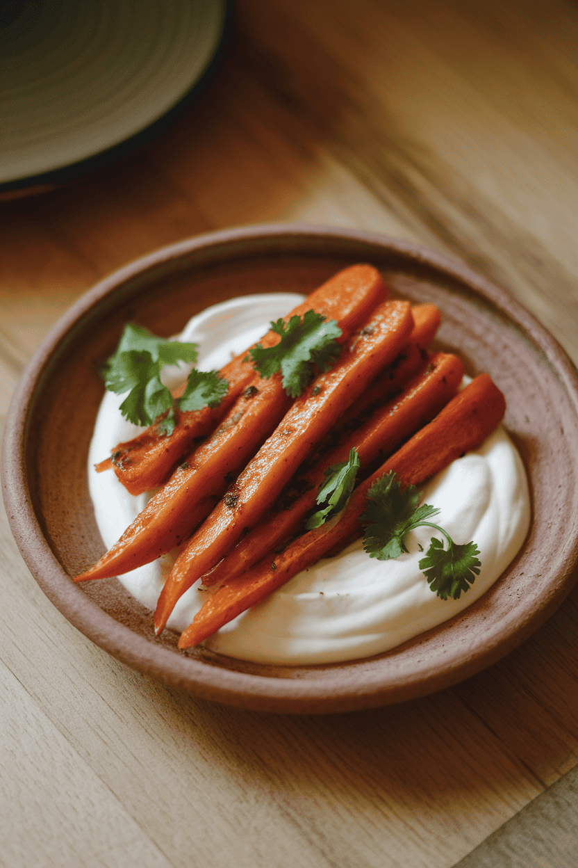 Warm indoor table showing a ceramic plate of roasted carrot sticks coated in harissa glaze, served atop a swirl of plain yogurt, cilantro leaves scattered. No text or logos. Photo, not illustration.
