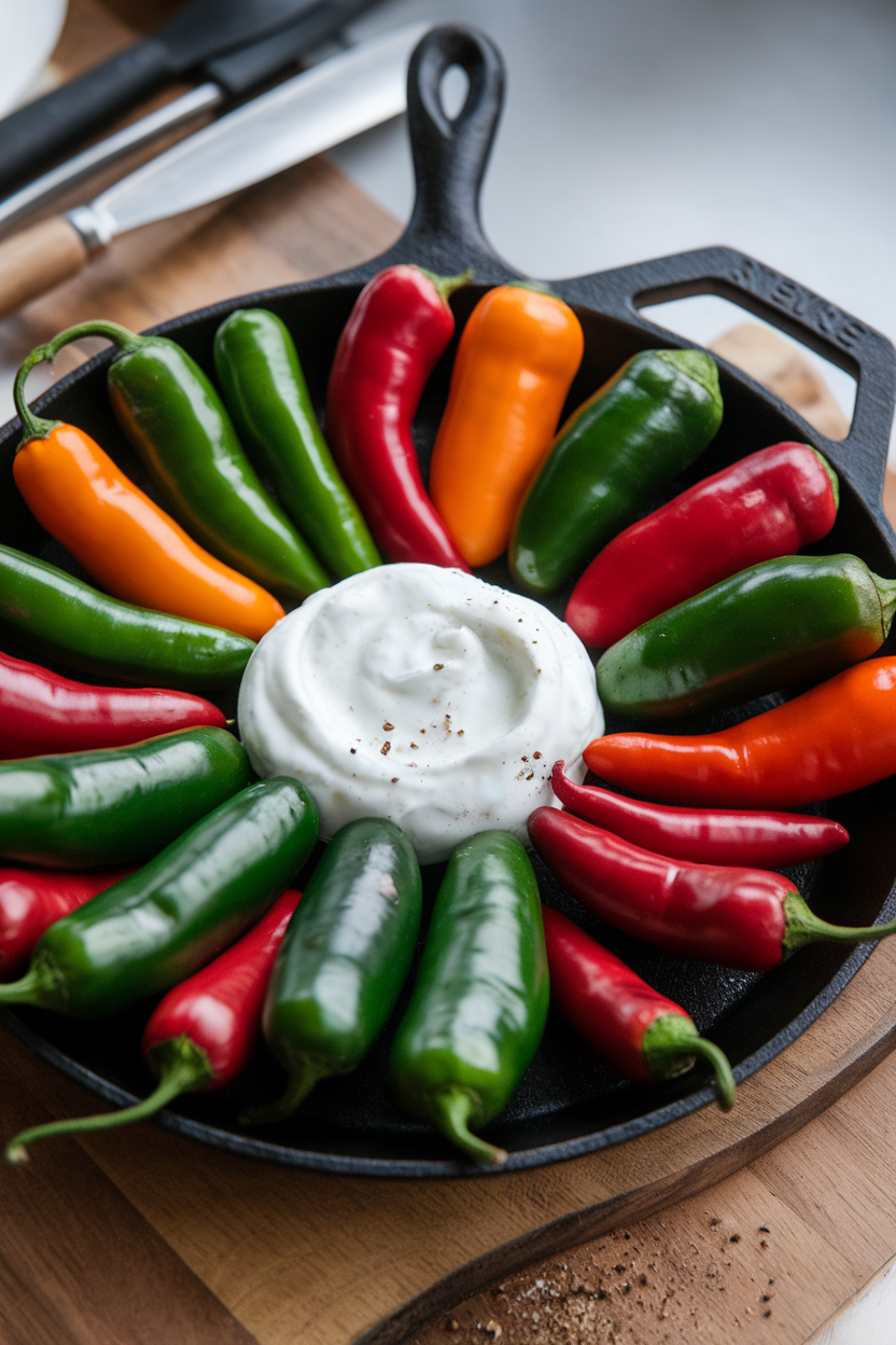 Indoor photo of various fresh chilies—jalapeño, Fresno, serrano—arranged like flames on a cast-iron skillet, a cool yogurt dip at the center to tame the heat. No text or logos.
