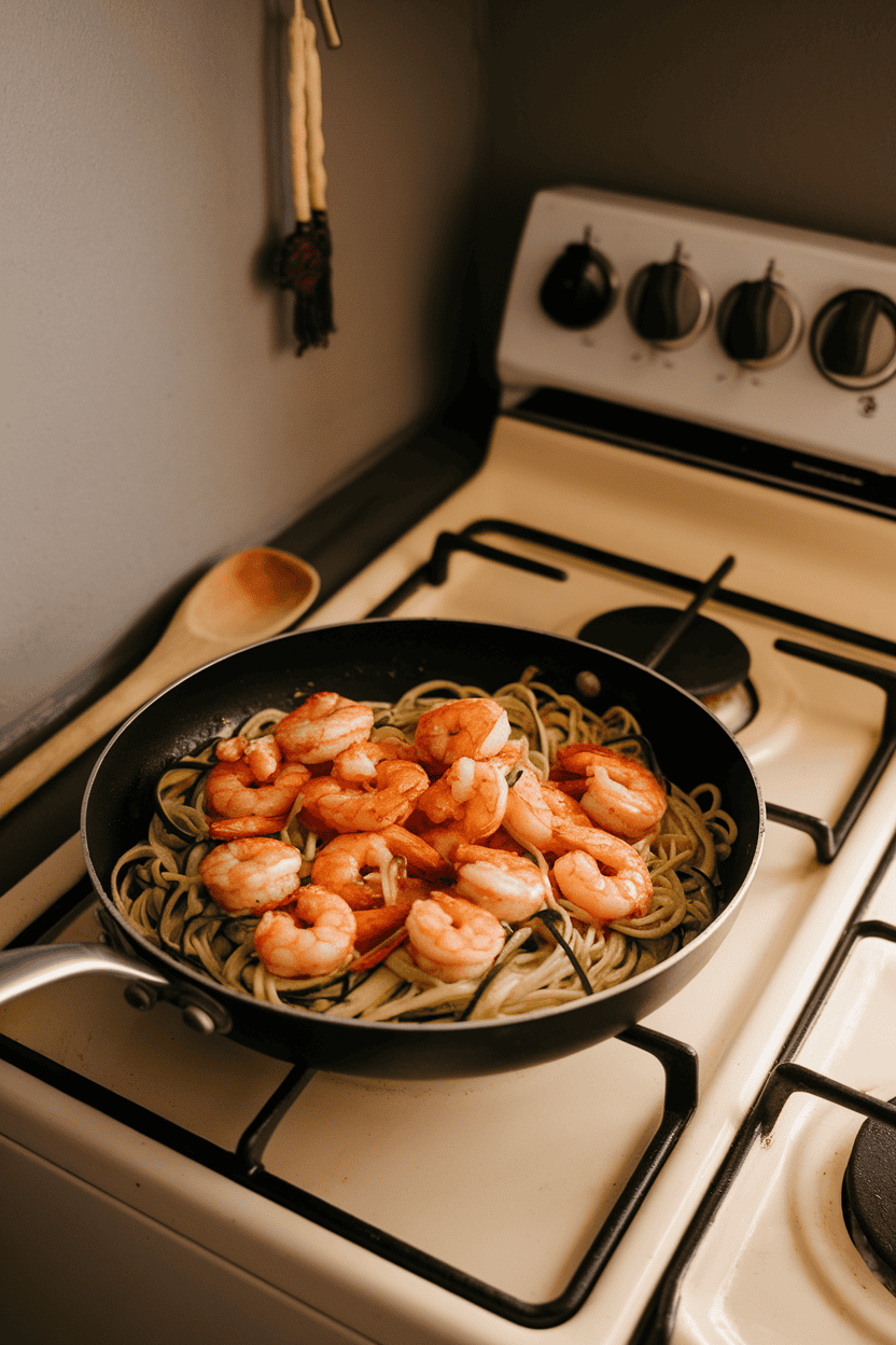 Indoor stovetop with a pan of zucchini noodles and shrimp coated in glossy ginger-garlic sauce. No text or logos, photo only.