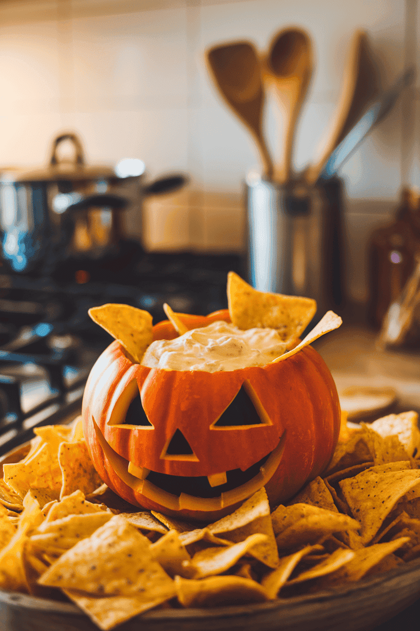 Indoor kitchen scene with a carved mini pumpkin used as a bowl, overflowing with creamy queso, tortilla chips surrounding it. No text or logos; photo.