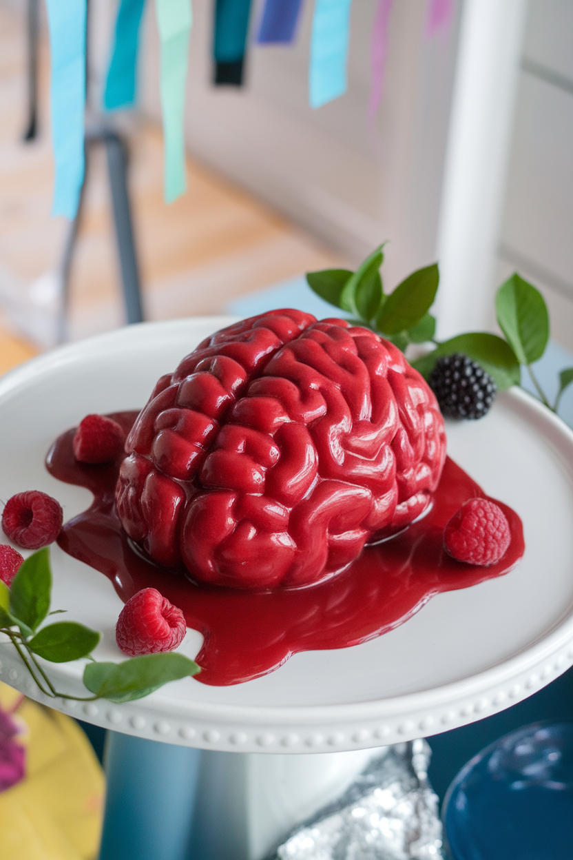 An indoor party table with a brain-shaped raspberry gelatin mold on a white platter, raspberry sauce pooling around it. Photo only, no text or logos.