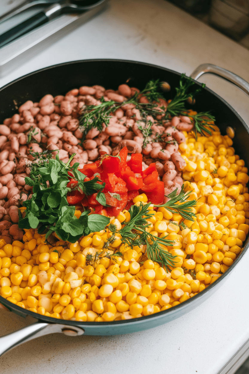 Indoor photo of a skillet filled with bright yellow corn, pinto beans, diced red pepper, and fresh herbs, countertop scene, no text or logos.