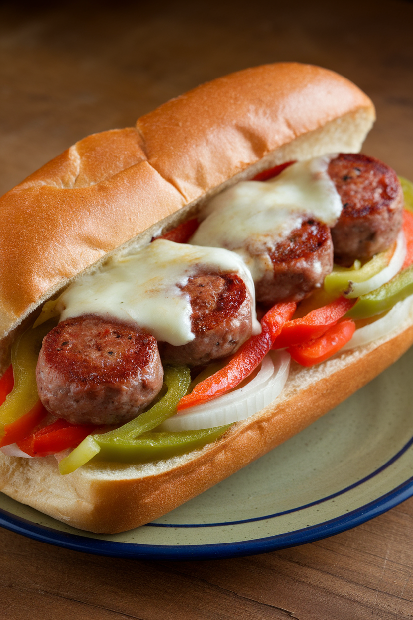 Indoor photo of Italian sausage links nestled in a hoagie roll with sautéed bell peppers and onions, melted provolone on top, no text or logos. Photograph, not illustration.