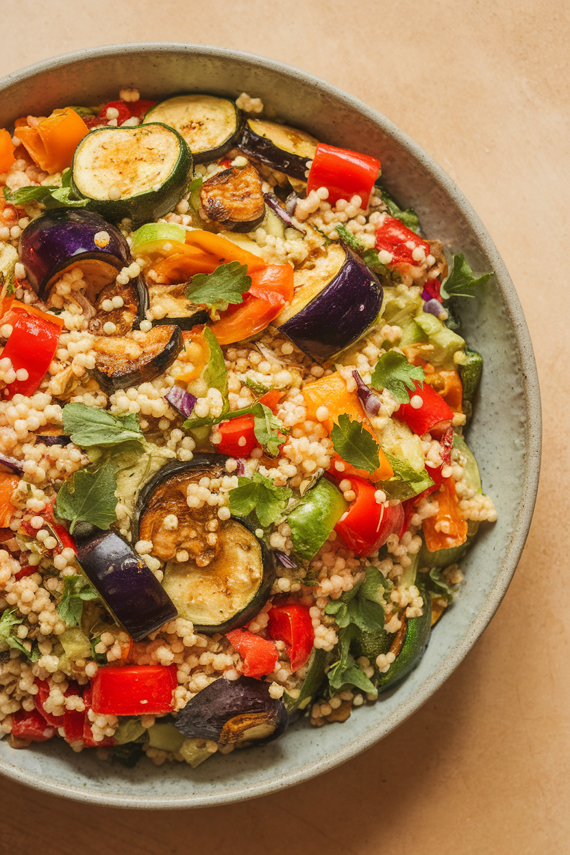An indoor photo of a colorful couscous salad dotted with roasted zucchini, eggplant, and bell peppers in a wide shallow bowl, no text or logos.