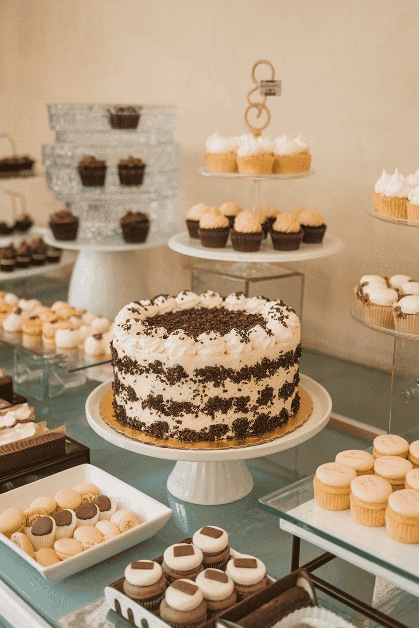 A chilled indoor dessert station with a round ice cream cake layered with cookies-and-cream ice cream and chocolate cookie crumbs, frosted in whipped topping. No text or logos. Photo only.