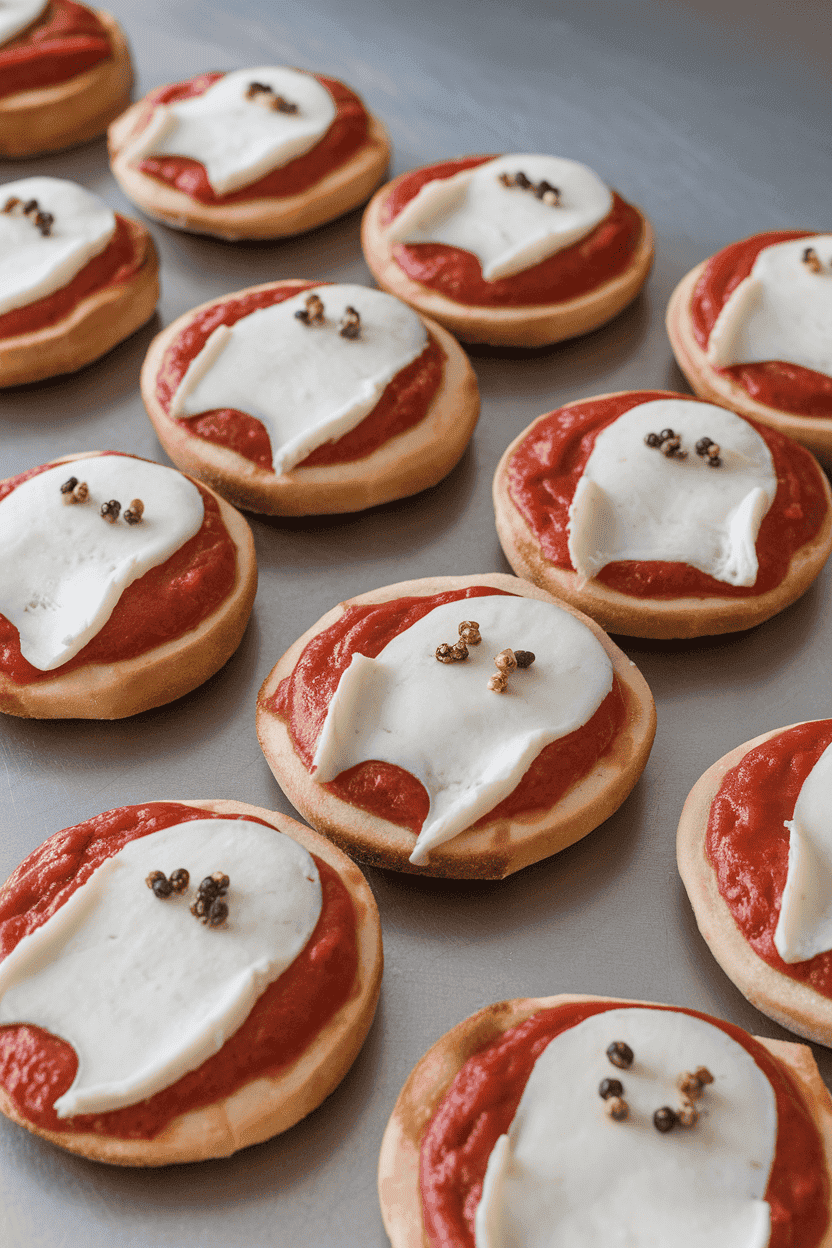 An indoor countertop with individual English-muffin pizzas, melted mozzarella cut into ghost shapes, peppercorn eyes, and marinara visible underneath. Photo, no logos.