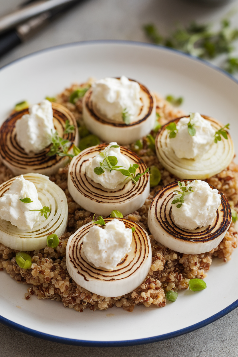 Indoor shot of charred leek rounds arranged on quinoa with creamy goat cheese dollops; no logos or text.