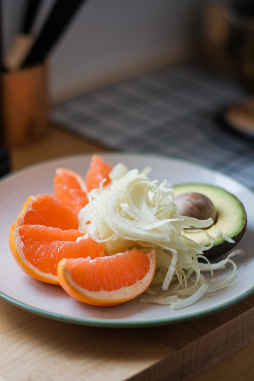 Indoor photo of grapefruit segments mingled with shaved fennel and avocado slices on a pale plate; soft lighting, no text or logos.