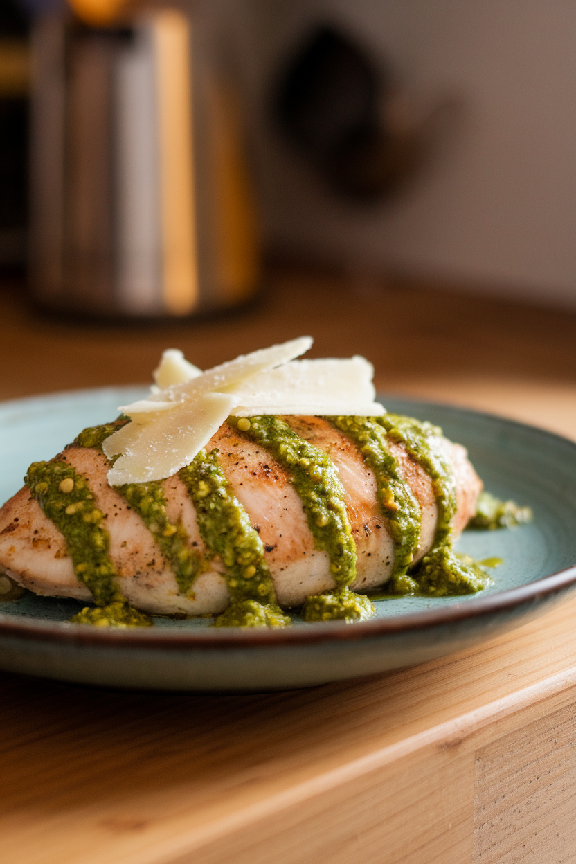 Indoor photo of chicken breast drizzled with green pumpkin seed garlic pesto, garnished with shaved Parmesan; soft warm light, no text or logos