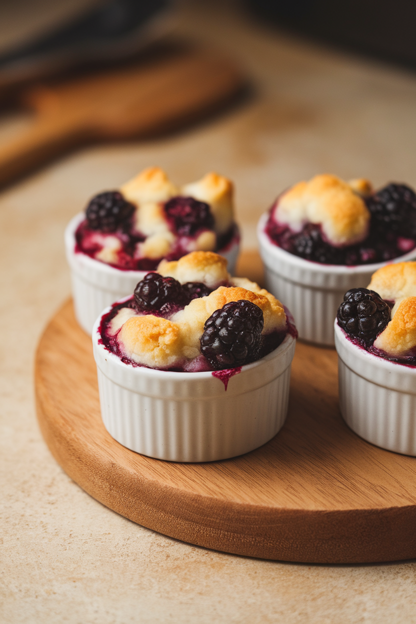 Photo of small ramekins with bubbling blackberry cobbler topping, indoor oven-to-table presentation, no text or logos.