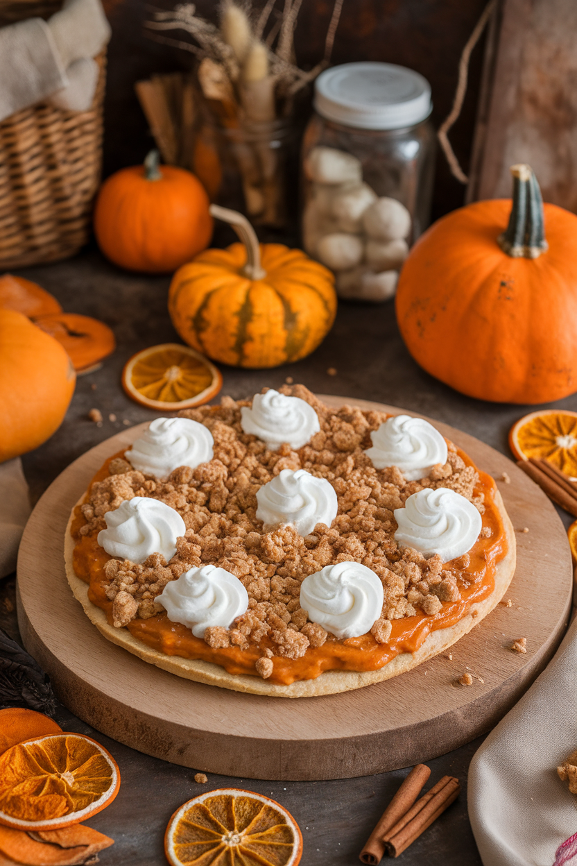 Indoor fall dessert scene showing a pizza crust topped with pumpkin pie filling, streusel crumbles, and whipped cream rosettes. Photo only, no text or logos.