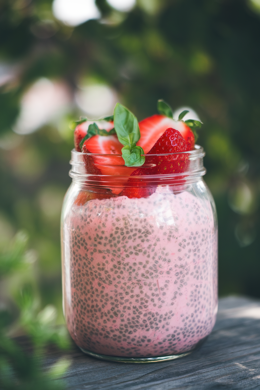 Photo of a glass jar of pink chia pudding garnished with sliced strawberries and tiny basil leaves, photographed indoors under filtered light. No text or logos present.