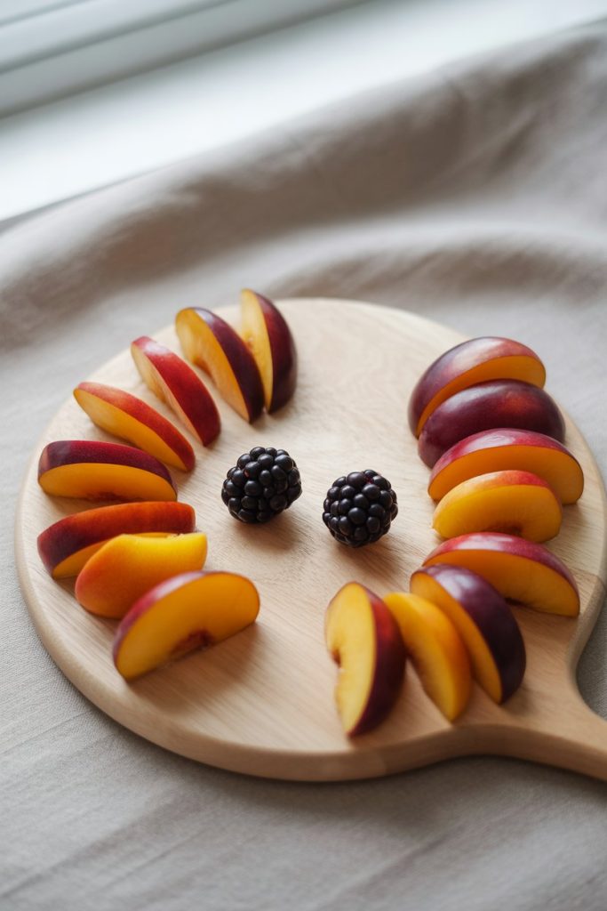 A light wooden board indoors with alternating plum and peach wedges forming cat ear shapes, blackberry dots as noses. No text or logos.