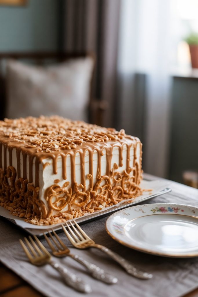 An indoor picnic-style table with a frosting-covered sheet cake topped with crushed salted pretzels and peanut butter drizzle. No text or logos. Photo only.