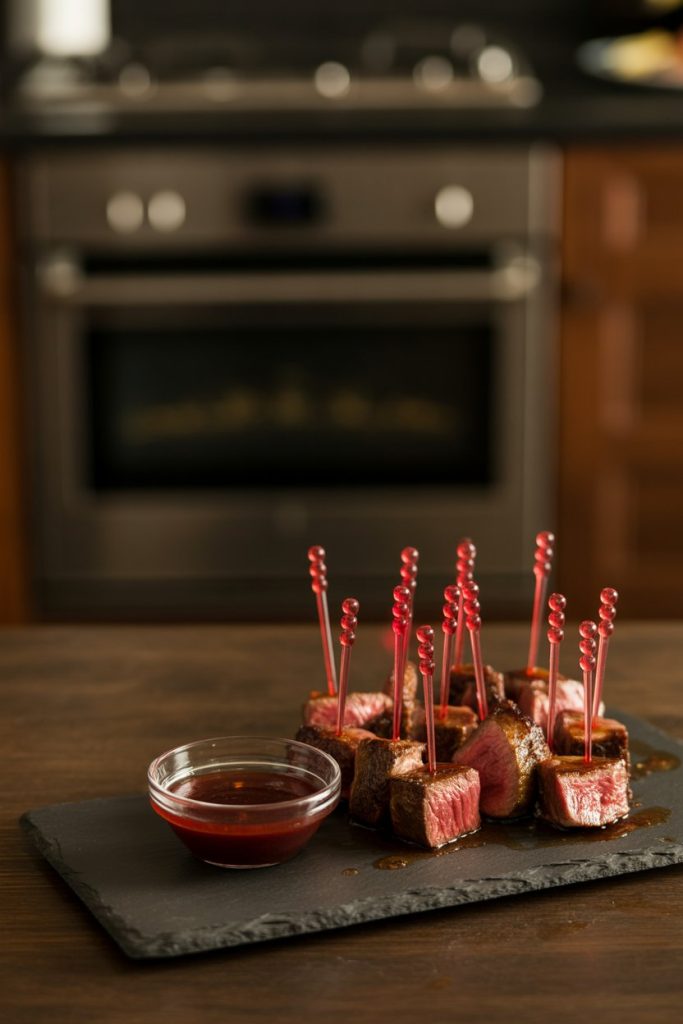 Indoor slate platter of medium-rare steak cubes skewered with red cocktail picks, small bowl of red wine glaze for dipping. No text or logos.