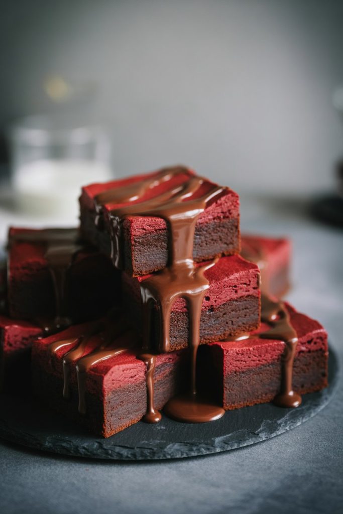 Indoor photo of red velvet brownies with dark chocolate drizzle mimicking dripping blood, presented on a black slate serving board; no text or logos