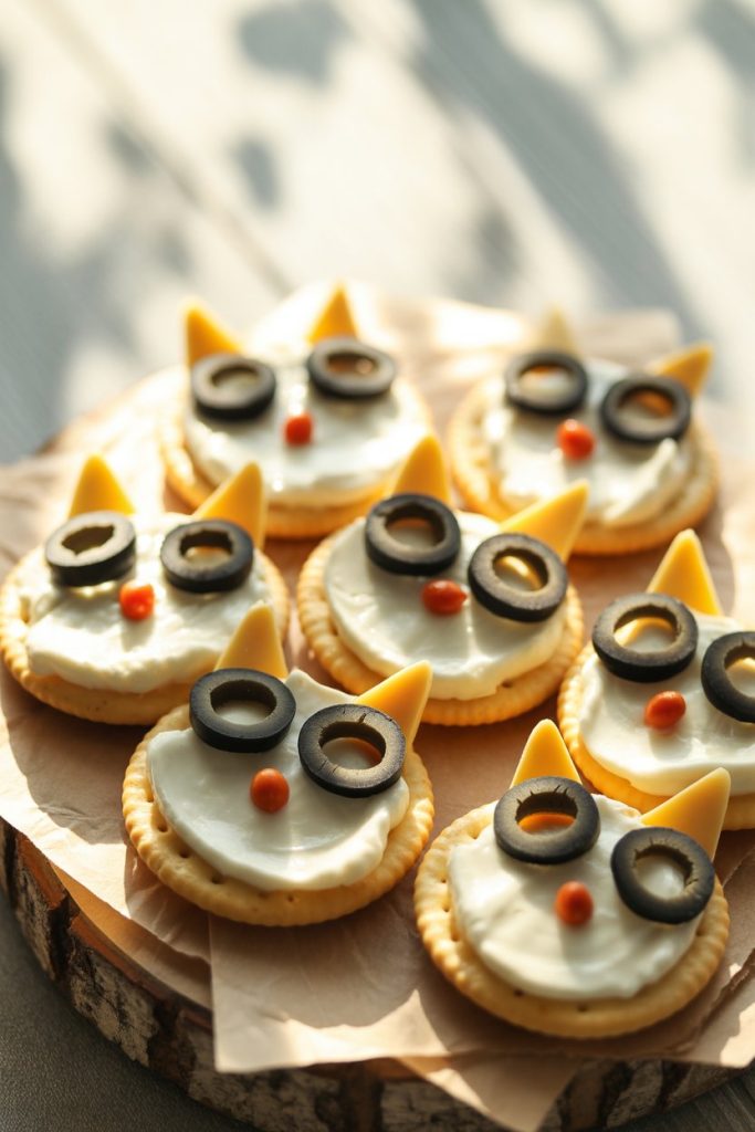 Photo of round cheddar crackers topped with black olive slices forming cat ears and eyes, indoor snack board. No text or logos.