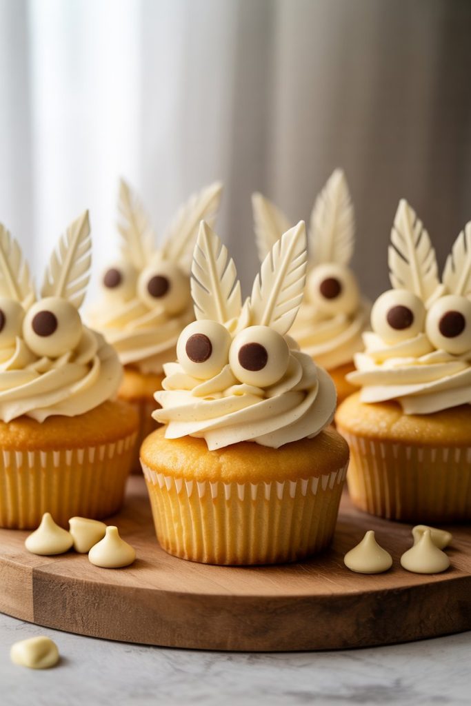 Indoor cozy kitchen scene displaying vanilla cupcakes with white chocolate feather shards and large candy eyes, no text or logos.