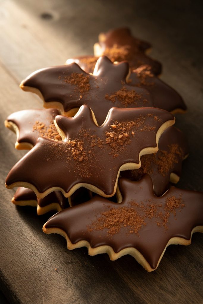 Indoor photo of bat-wing cookies coated in dark chocolate icing and lightly dusted with cinnamon sugar, no text or logos.