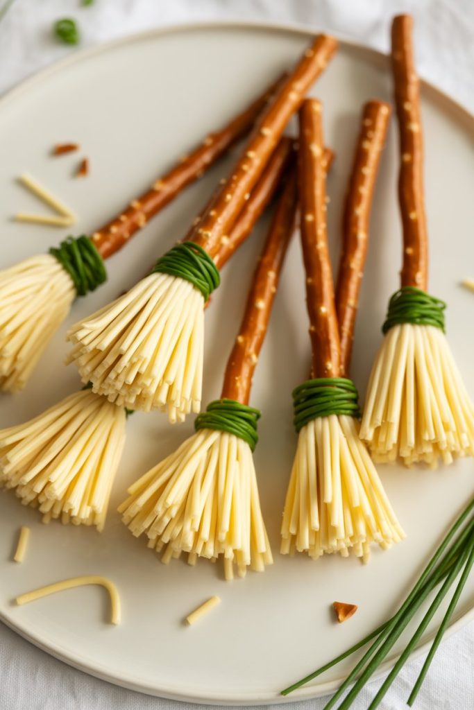Photo of pretzel sticks with thinly sliced string cheese fringed at one end, tied with chive “ribbon,” indoor plate. No text or logos.