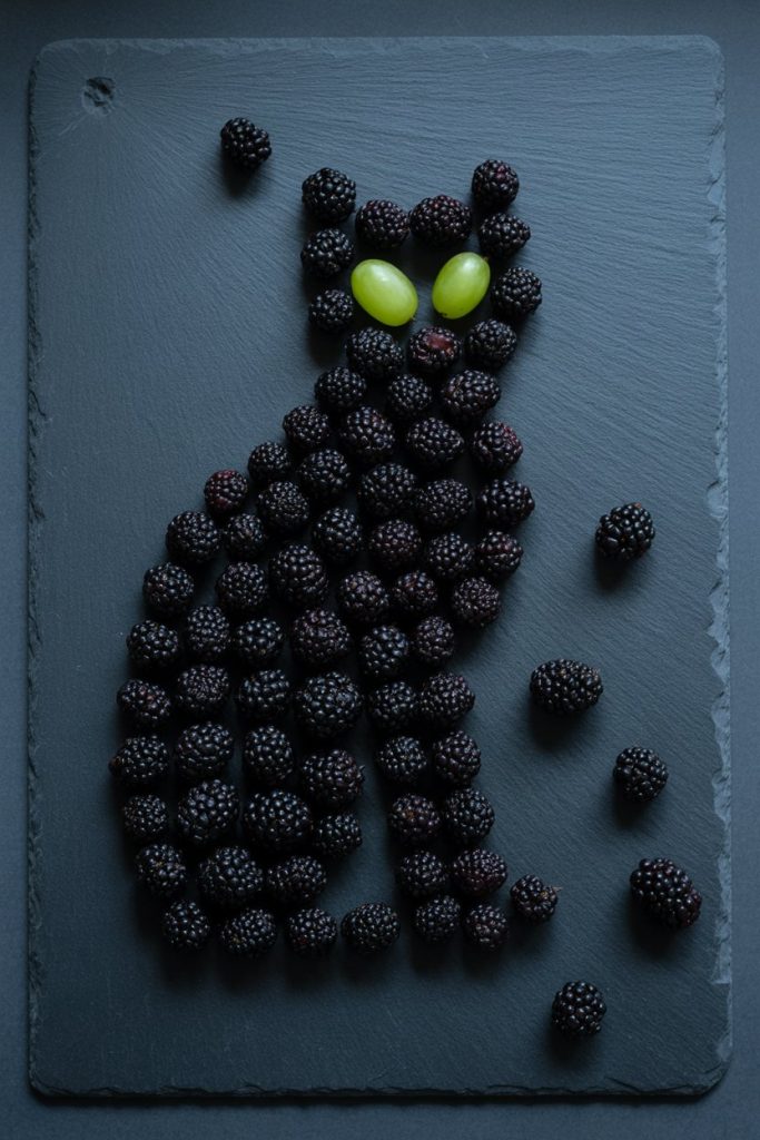 A slate cheese board indoors entirely covered in blackberries, arranged into a cat silhouette with green grape eyes. No text or logos.