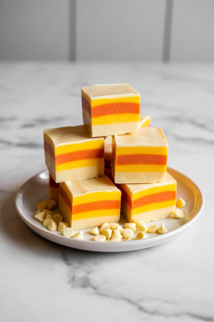 A marble indoor countertop with tri-layer squares of fudge colored yellow, orange, and white to imitate candy corn. Photo only, no text or logos.