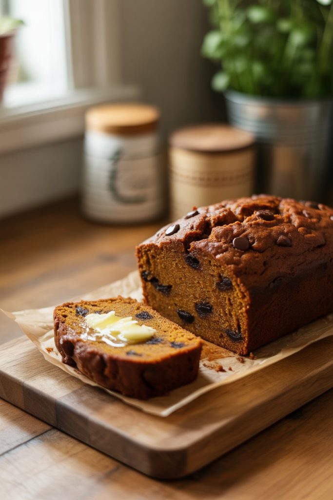 Photo of a loaf of pumpkin bread studded with chocolate chips, a slice cut and buttered, indoor kitchen, no text or logos.