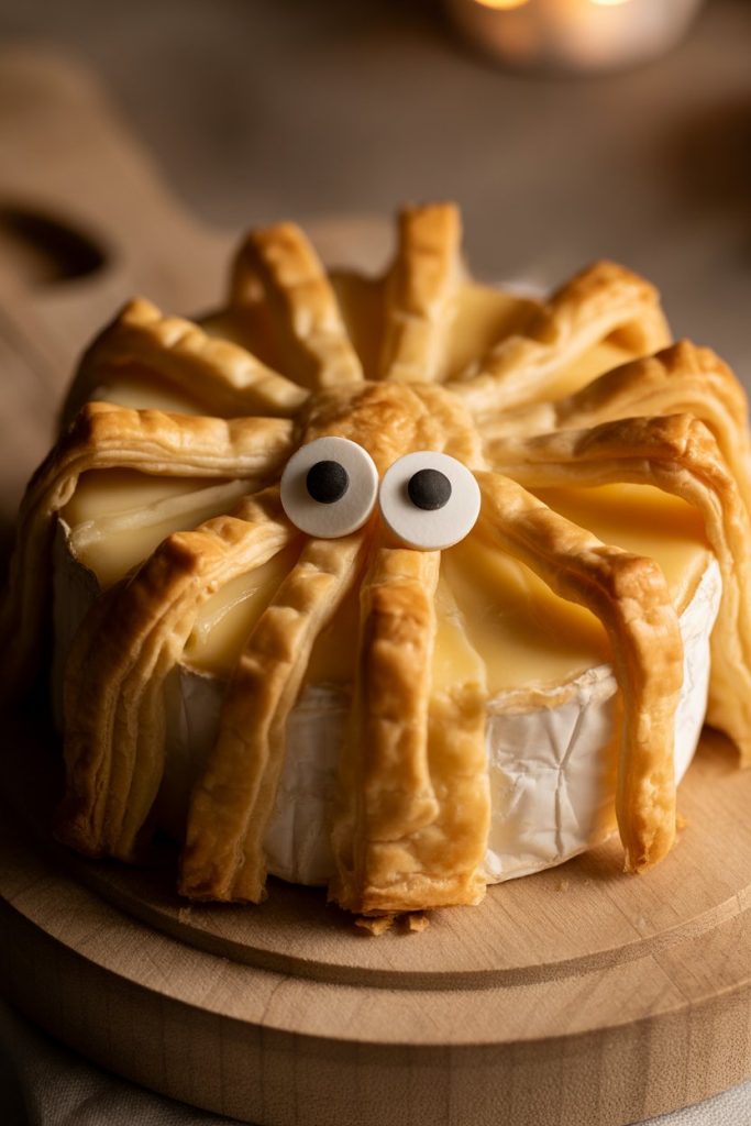 Photo of a wheel of brie wrapped loosely with strips of puff pastry, baked golden, candy google eyes, indoor board. No text or logos.